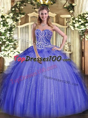 Blue Organza Lace Up 15th Birthday Dress Sleeveless Floor Length Beading and Ruffles