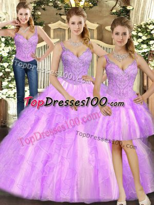 Top Selling Floor Length Lace Up Quinceanera Dresses Lilac for Military Ball and Sweet 16 and Quinceanera with Beading and Ruffles