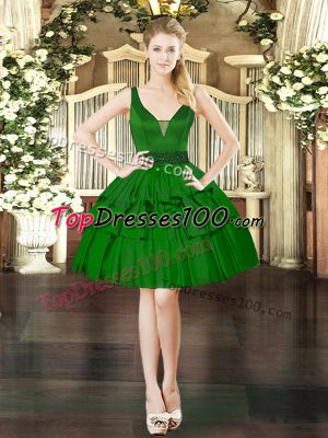 Sophisticated V-neck Sleeveless Lace Up Dark Green Taffeta