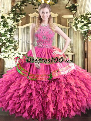 Glorious Floor Length Hot Pink Quinceanera Dress Tulle Sleeveless Beading and Ruffles and Sequins