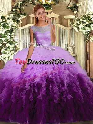 Sleeveless Tulle Floor Length Backless Quinceanera Dresses in Multi-color with Beading and Appliques and Ruffles