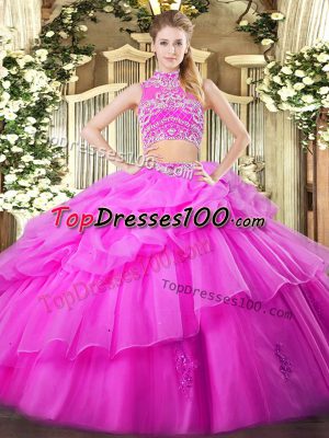 Sleeveless Tulle Floor Length Backless Sweet 16 Dress in Lilac with Beading and Ruffles and Pick Ups
