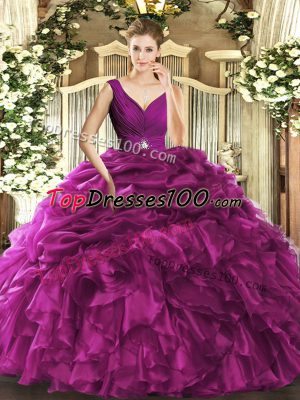 Floor Length Fuchsia Quinceanera Gowns V-neck Sleeveless Backless