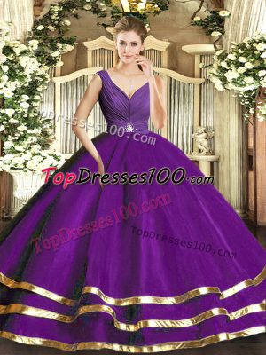 Delicate Purple Ball Gowns V-neck Sleeveless Tulle Floor Length Backless Ruffled Layers Vestidos de Quinceanera
