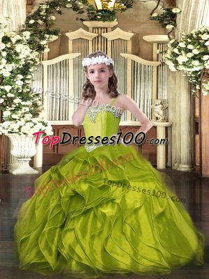 Ball Gowns Little Girls Pageant Gowns Olive Green Straps Organza Sleeveless Floor Length Lace Up