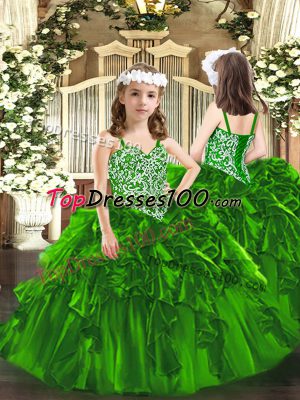 Floor Length Lace Up Little Girls Pageant Gowns Green for Party and Quinceanera with Beading and Ruffles