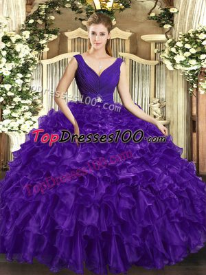 V-neck Sleeveless Organza Sweet 16 Dresses Beading and Ruffles Backless