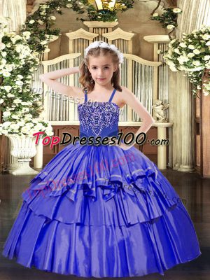 Floor Length Lace Up Little Girls Pageant Dress Wholesale Blue for Party and Quinceanera with Beading and Ruffled Layers