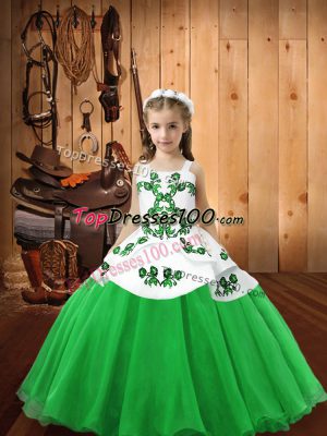 Green Lace Up Straps Embroidery Little Girls Pageant Dress Organza Sleeveless