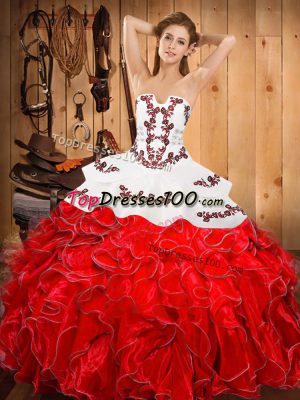 Sleeveless Floor Length Embroidery and Ruffles Lace Up Quinceanera Dress with Wine Red