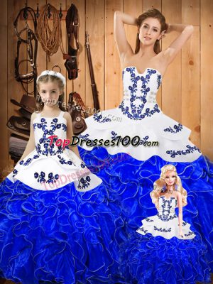 Royal Blue Lace Up Sweet 16 Dress Embroidery and Ruffles Sleeveless Floor Length