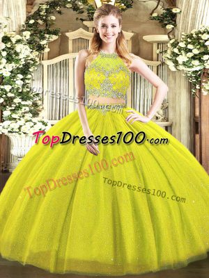 Stylish Scoop Sleeveless 15 Quinceanera Dress Floor Length Beading Olive Green Tulle