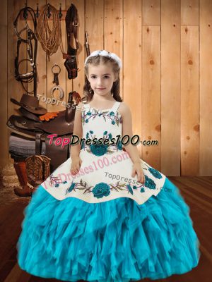 Baby Blue Sleeveless Organza Lace Up Little Girls Pageant Gowns for Sweet 16 and Quinceanera