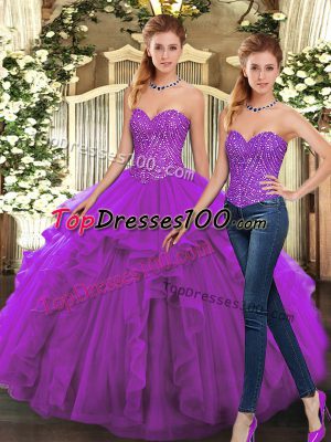 Sweetheart Sleeveless Organza 15 Quinceanera Dress Beading and Ruffles Lace Up