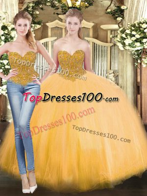 Sweetheart Sleeveless Lace Up 15 Quinceanera Dress Gold Tulle
