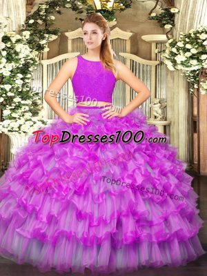 Eye-catching Floor Length Fuchsia Quinceanera Gown Tulle Sleeveless Ruffled Layers