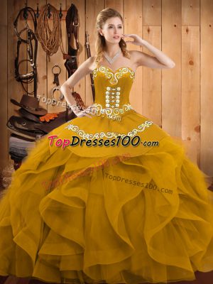 Ideal Floor Length Gold Quinceanera Dress Organza Sleeveless Embroidery and Ruffles