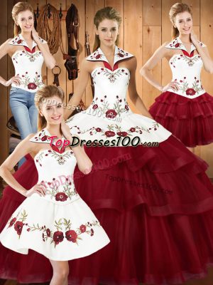 Sleeveless Sweep Train Lace Up With Train Embroidery and Ruffled Layers Quince Ball Gowns