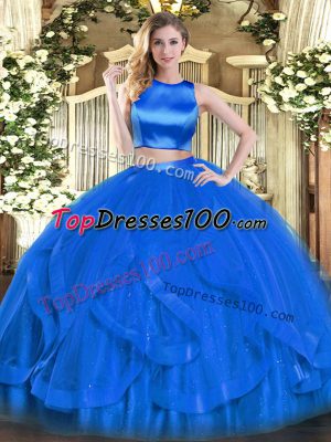 Floor Length Blue Quince Ball Gowns High-neck Sleeveless Criss Cross