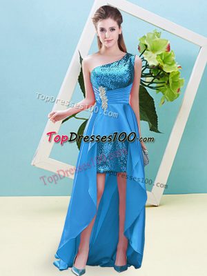 Colorful Baby Blue Lace Up Prom Gown Beading and Sequins Sleeveless High Low