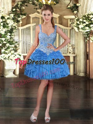 Fancy Beading and Ruffles Dress for Prom Baby Blue Lace Up Sleeveless Mini Length