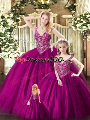Fuchsia Sleeveless Beading Floor Length 15th Birthday Dress