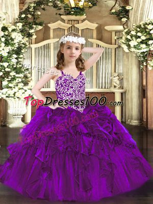 Best Purple Lace Up Straps Beading and Ruffles Little Girls Pageant Dress Wholesale Organza Sleeveless