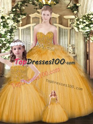 Amazing Sweetheart Sleeveless Lace Up Ball Gown Prom Dress Gold Tulle