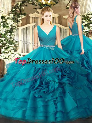 Modest Floor Length Teal Quinceanera Dress V-neck Sleeveless Zipper