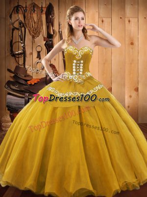 On Sale Gold Ball Gowns Sweetheart Sleeveless Satin and Tulle Floor Length Lace Up Embroidery Quinceanera Dress
