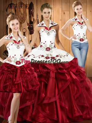 Glamorous Embroidery and Ruffles 15th Birthday Dress Wine Red Lace Up Sleeveless Floor Length