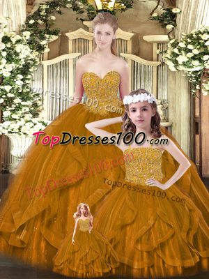 Rust Red Lace Up Sweetheart Beading and Ruffles Quince Ball Gowns Tulle Sleeveless
