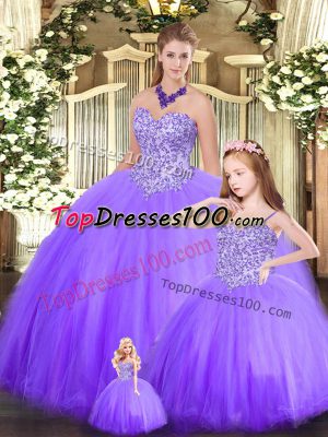 Eggplant Purple Tulle Lace Up Sweet 16 Dresses Sleeveless Floor Length Beading