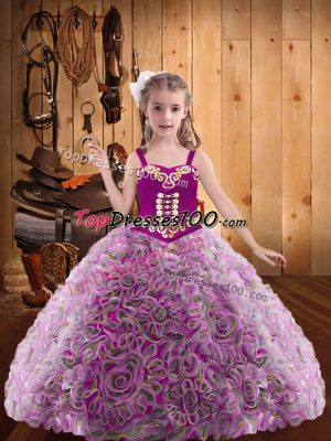 Excellent Multi-color Ball Gowns Straps Sleeveless Fabric With Rolling Flowers Floor Length Lace Up Embroidery and Ruffles Pageant Gowns For Girls