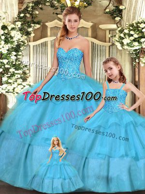 Aqua Blue Sweetheart Neckline Beading and Ruffled Layers Quinceanera Dresses Sleeveless Lace Up