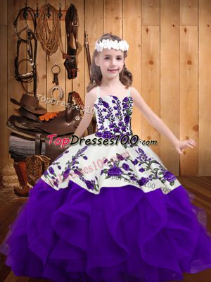 Floor Length White And Purple Little Girl Pageant Dress Organza Sleeveless Embroidery and Ruffles