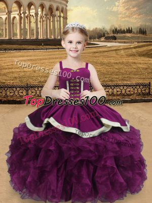 Beading and Ruffles Little Girl Pageant Gowns Purple Lace Up Sleeveless Floor Length