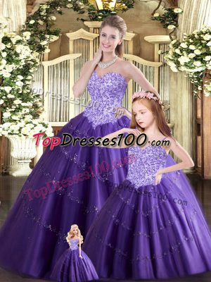 Sleeveless Floor Length Beading Lace Up Quinceanera Dresses with Purple