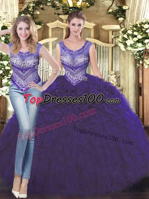 Fabulous Scoop Sleeveless Tulle 15 Quinceanera Dress Beading and Ruffles Lace Up