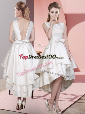 Traditional Ruffled Layers Bridesmaids Dress White Lace Up Sleeveless High Low