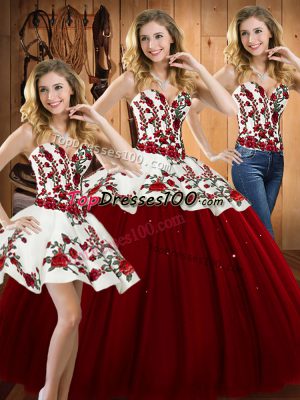 Custom Fit Wine Red Three Pieces Embroidery Quinceanera Dress Lace Up Satin and Tulle Sleeveless Floor Length