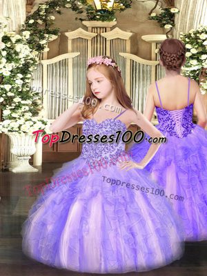 Lavender Lace Up Pageant Gowns For Girls Appliques and Ruffles Sleeveless Floor Length