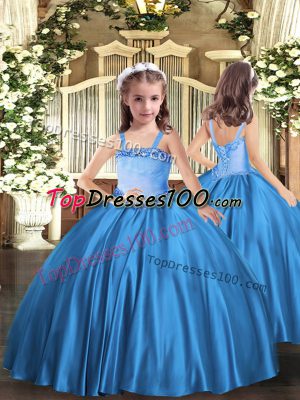 Hot Selling Ball Gowns Little Girls Pageant Dress Wholesale Baby Blue Straps Satin Sleeveless Floor Length Lace Up