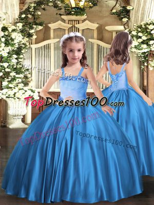 Hot Selling Ball Gowns Little Girls Pageant Dress Wholesale Baby Blue Straps Satin Sleeveless Floor Length Lace Up