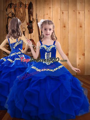 Royal Blue Lace Up Little Girls Pageant Gowns Embroidery Sleeveless Floor Length