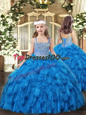 Sweet Baby Blue Straps Neckline Beading and Ruffles Custom Made Sleeveless Lace Up