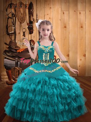 Teal Straps Lace Up Embroidery and Ruffled Layers Pageant Dress Sleeveless