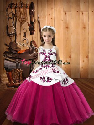 Latest Fuchsia Straps Lace Up Embroidery Child Pageant Dress Sleeveless