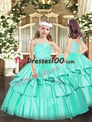 New Style Beading and Lace Party Dress for Toddlers Turquoise Zipper Sleeveless Floor Length