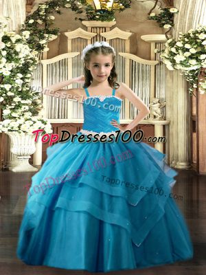 Amazing Appliques and Ruffled Layers Little Girl Pageant Dress Baby Blue Lace Up Sleeveless Floor Length
